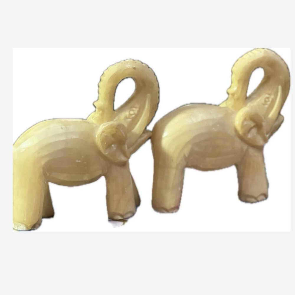 2 Onyx Elephant Sculpture 7.5" x 7" Weighs 3.7# Each Polished Light Yellow Solid